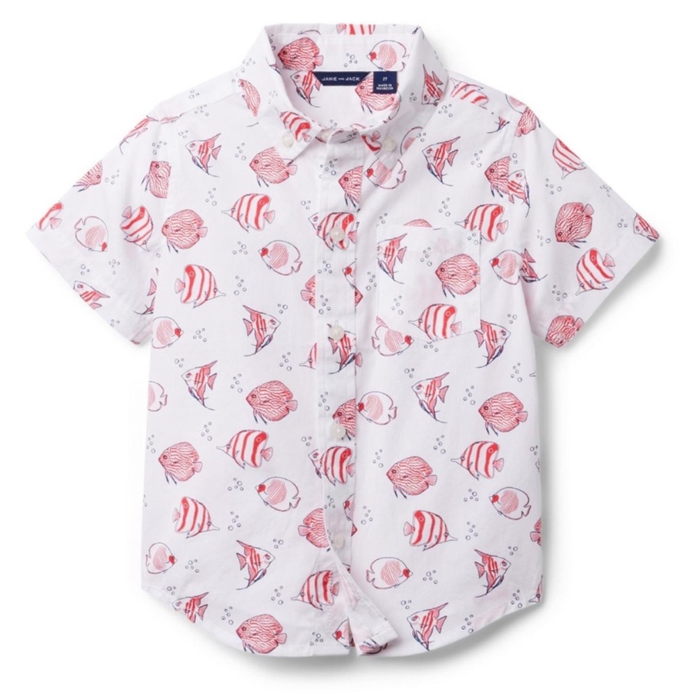 Janie and Jack Red Fish Print Button Down Shirt